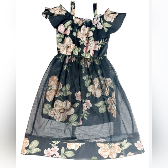 SHEIN Young Girls' Floral Pattern Splice Mesh Romper Dress With Spaghetti Straps - Picture 1 of 9